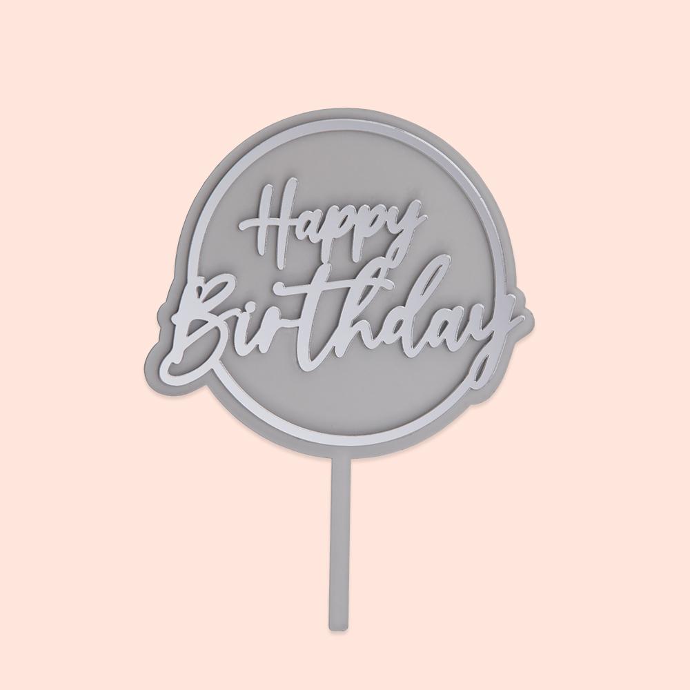 TOPO DECORATIVO HAPPY BIRTHDAY CIRCULO PRATA 